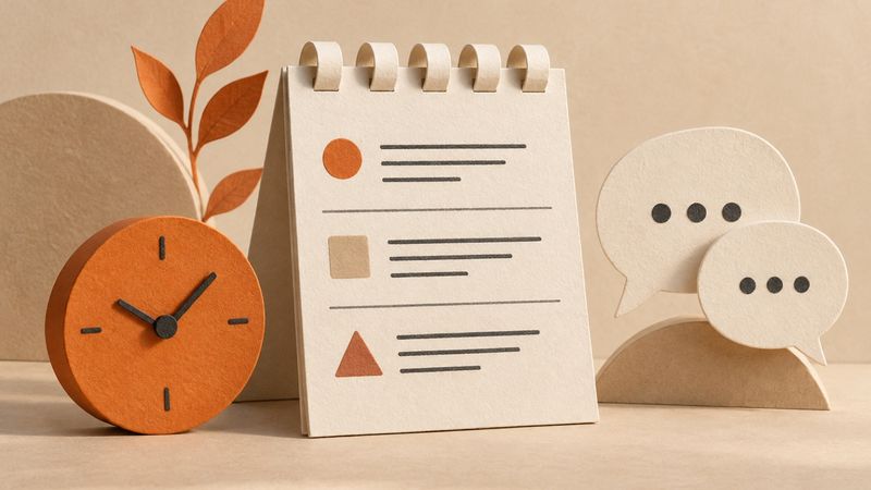 A paper agenda, an orange clock and conversation bubbles