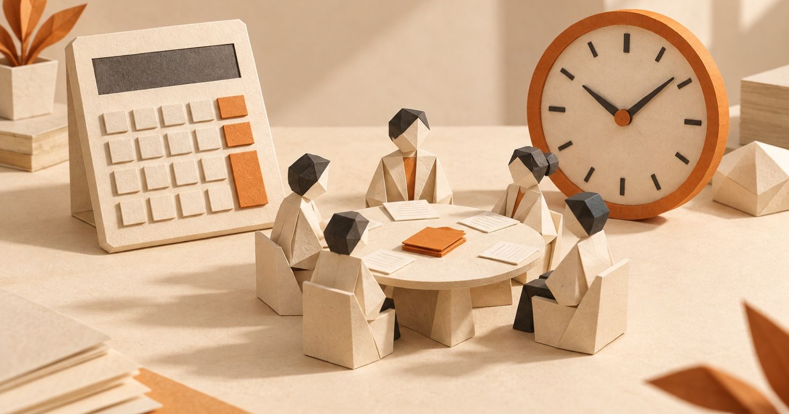 A paper calculator and clock beside five people around a meeting table