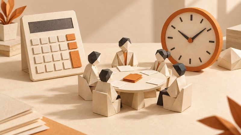 A paper calculator and clock beside five people around a meeting table
