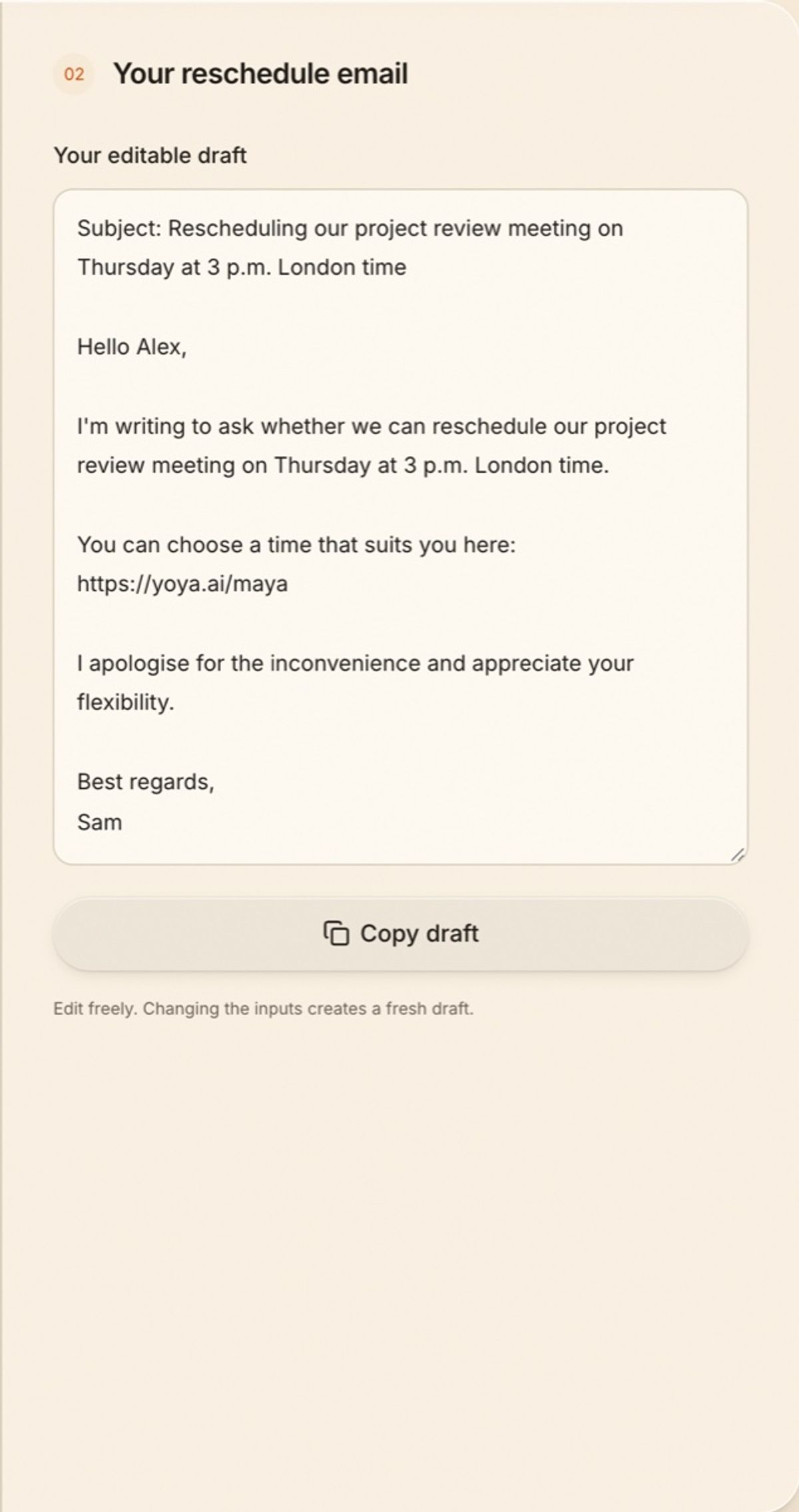 A formal reschedule request produced by the generator, offering a booking link instead of specific times