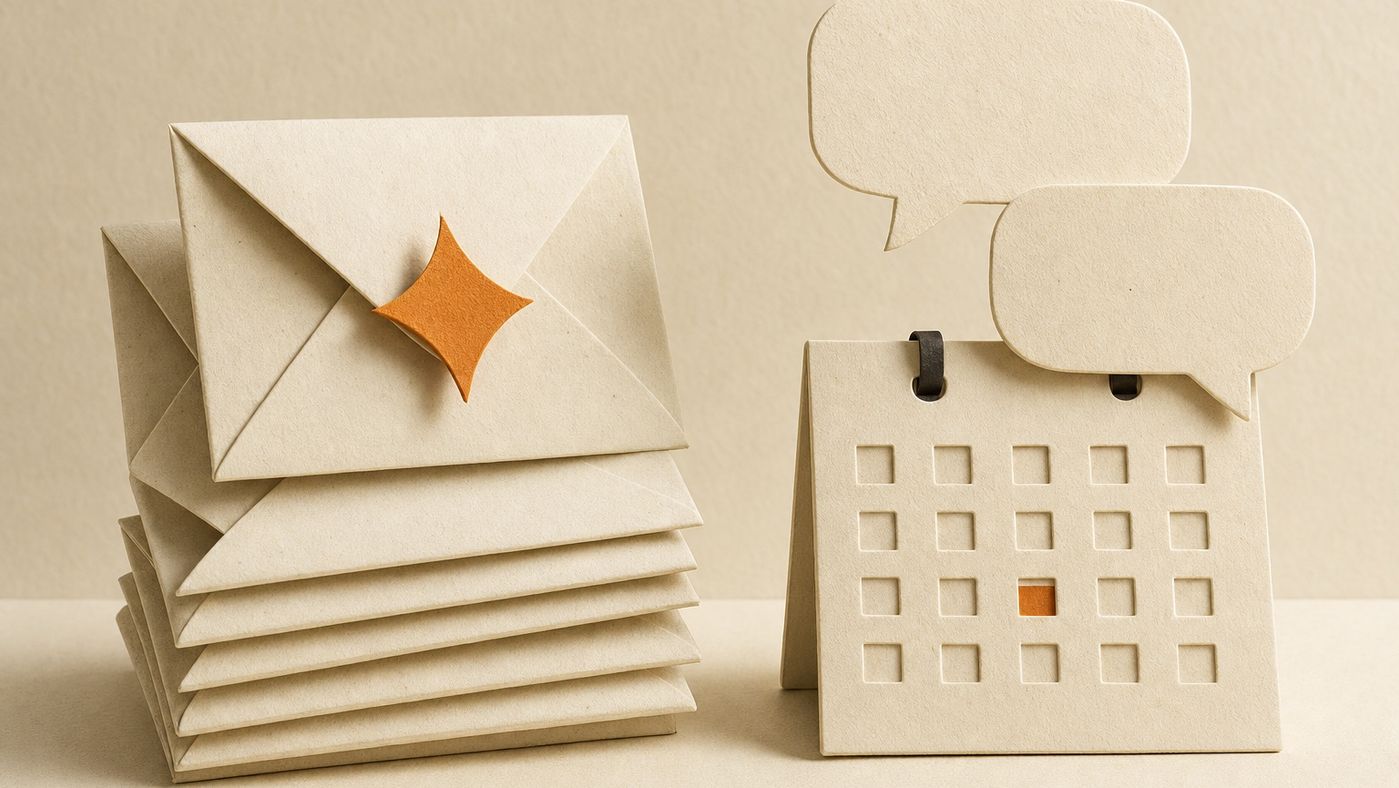 A stack of paper envelopes with an orange sparkle next to a paper calendar with two speech bubbles