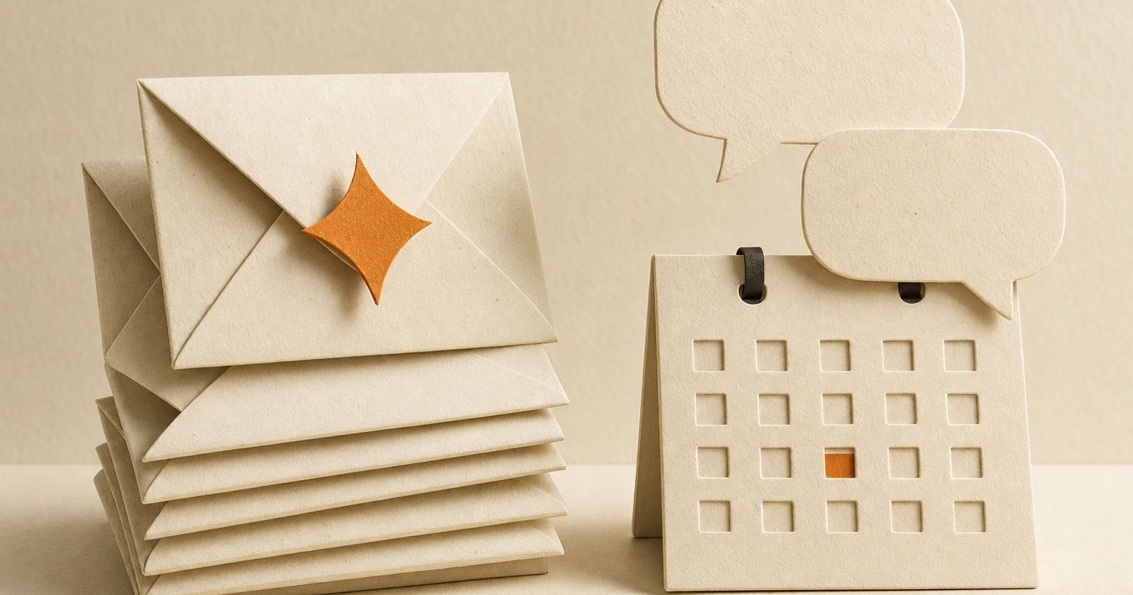 A stack of paper envelopes with an orange sparkle next to a paper calendar with two speech bubbles
