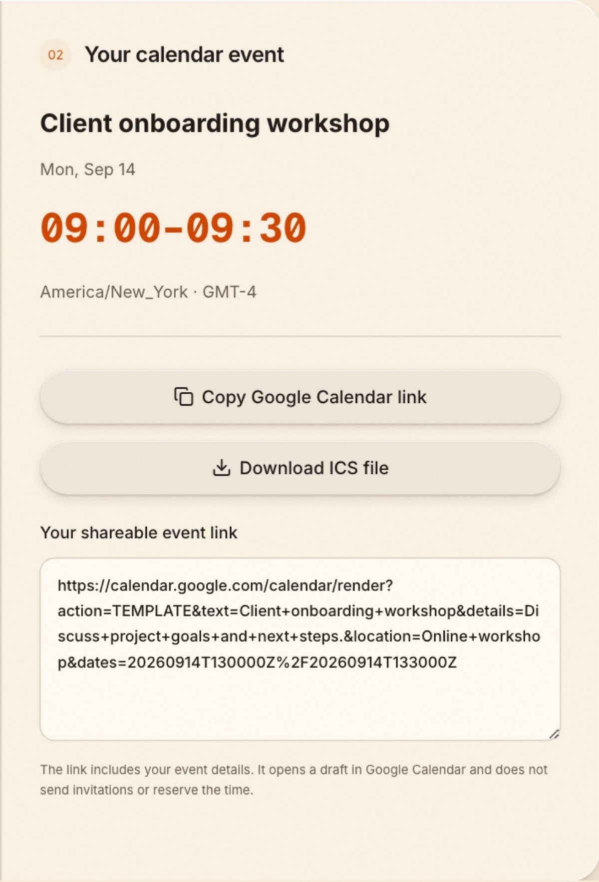 Yoya event summary with Google Calendar link and ICS download controls