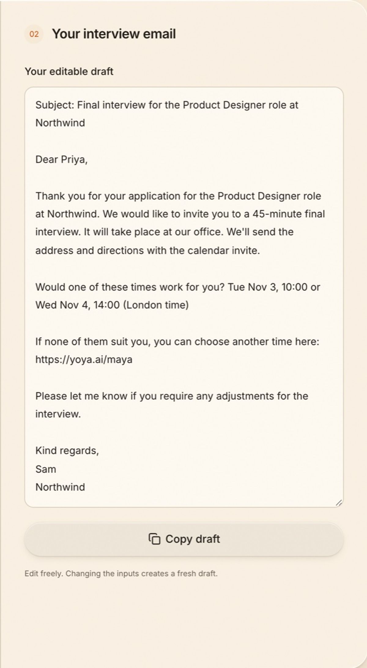 A formal final interview invitation produced by the generator, with the office details and the offered times