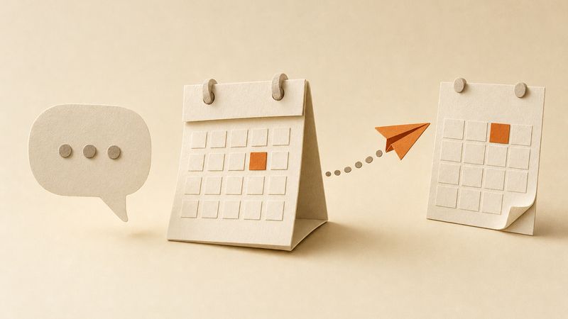 A paper speech bubble, a paper calendar with an orange slot, and a paper plane flying to a second calendar
