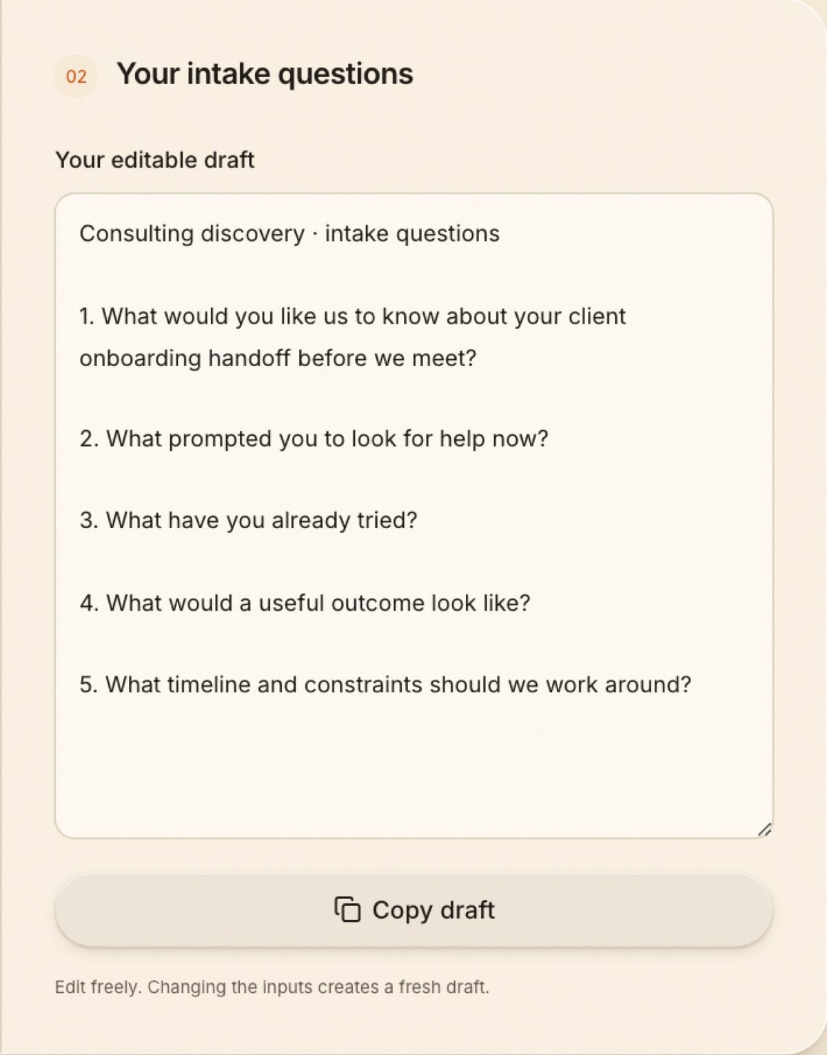 Yoya detailed consulting intake draft showing five questions