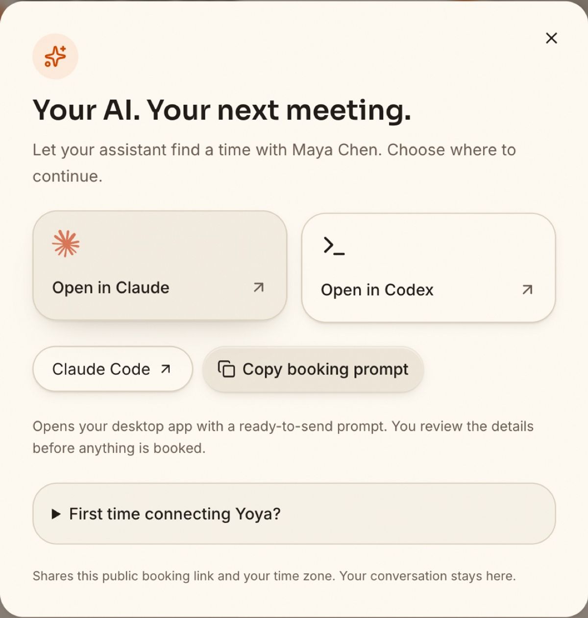 The Book with your AI dialog on a Yoya booking page with Open in Claude, Open in Codex, Claude Code and Copy booking prompt