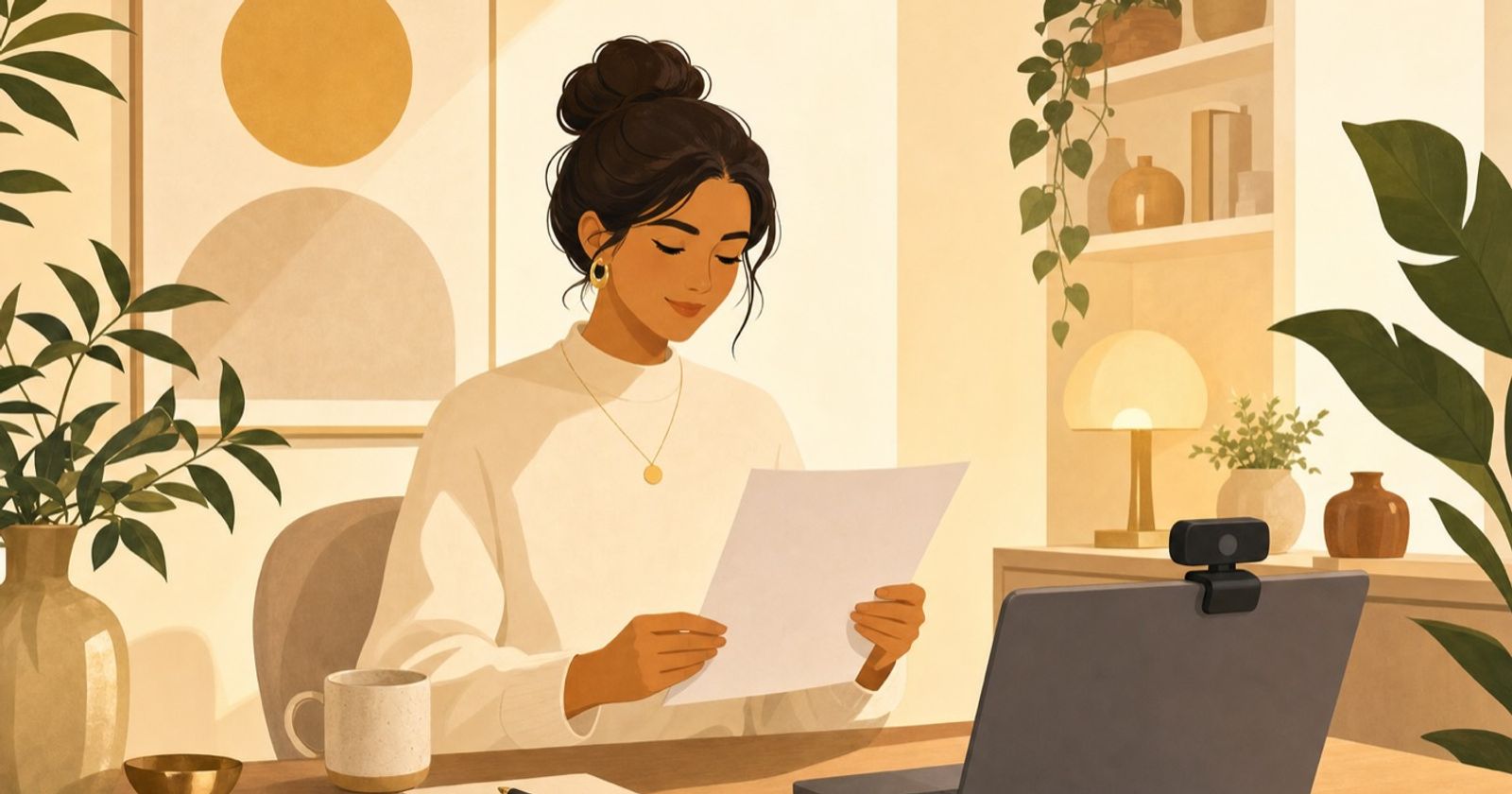 A calm host reading a one-page guest brief moments before a video call begins