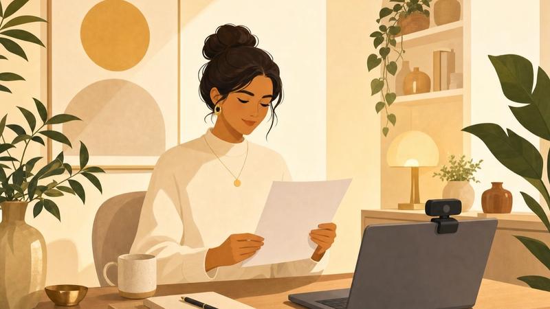 A calm host reading a one-page guest brief moments before a video call begins