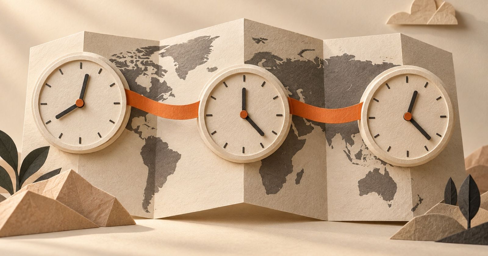Paper clocks connected by an orange ribbon across a folded world map