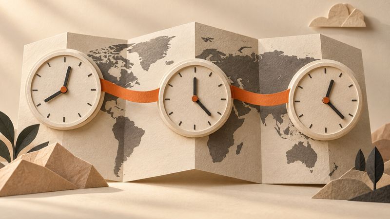 Paper clocks connected by an orange ribbon across a folded world map