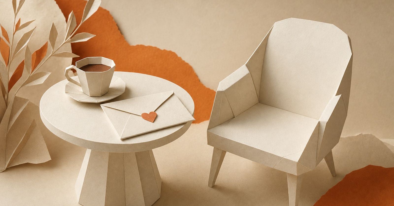 An empty paper chair at a small table with a folded paper letter sealed with an orange heart