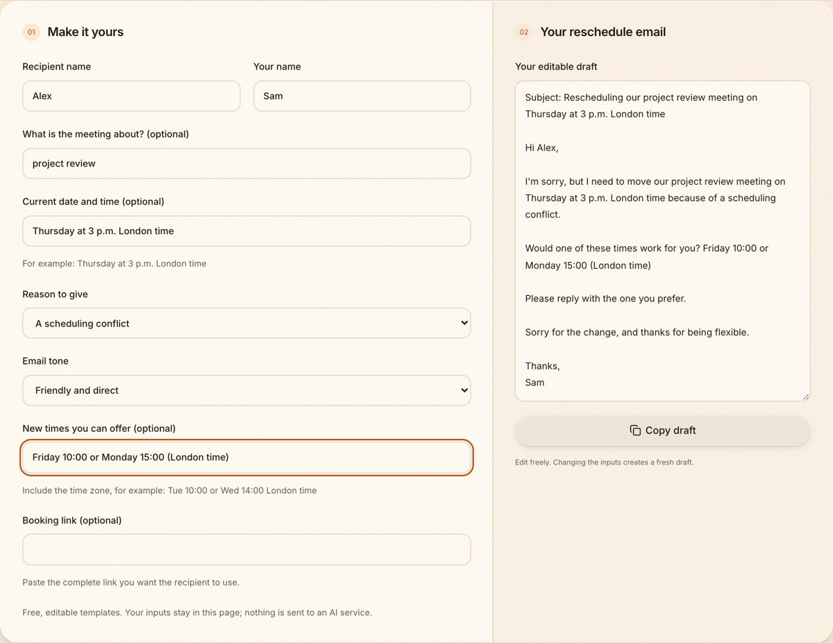 Yoya's reschedule meeting email generator with a project review on Thursday, a scheduling conflict as the reason and two new times