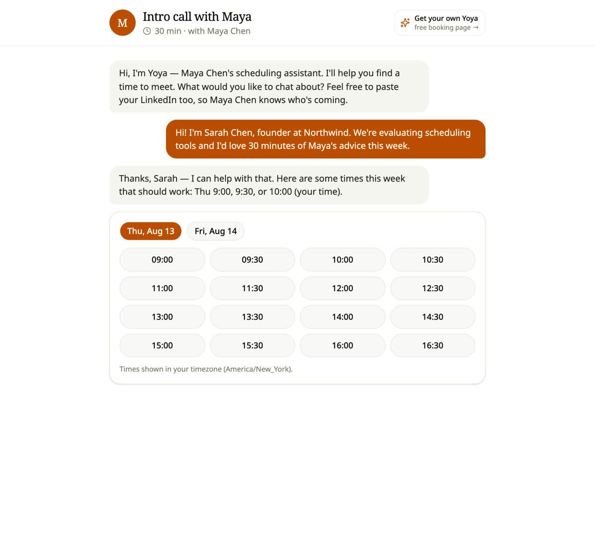 The same booking flow, ending in real open times from the host's calendar