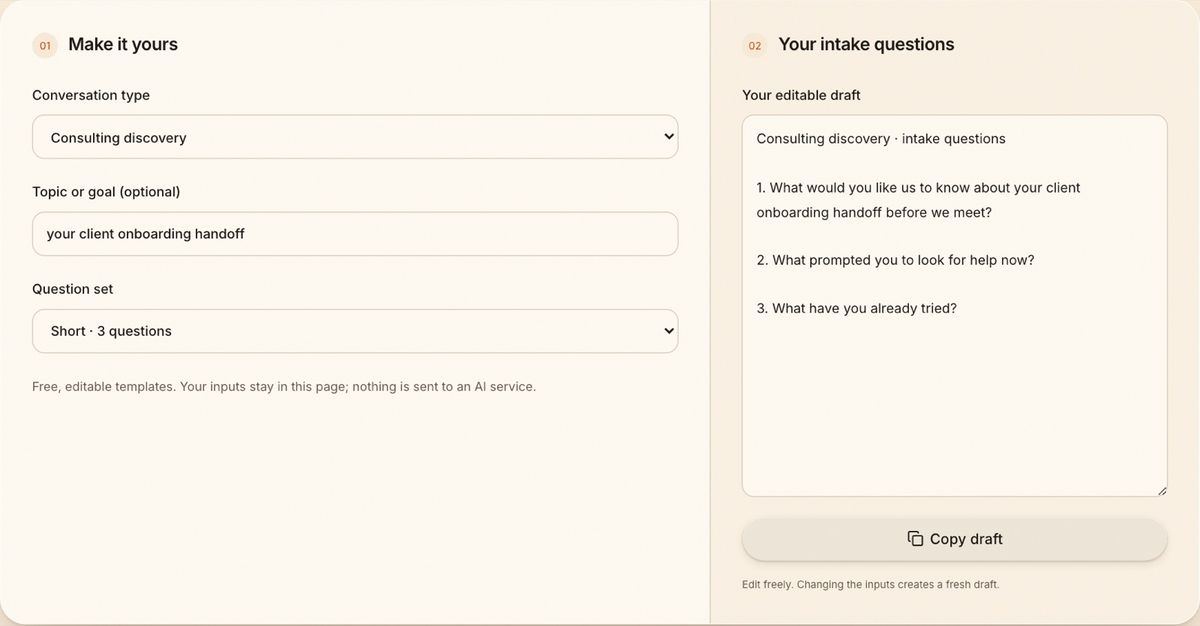 Yoya client intake generator showing a short set of three consulting questions