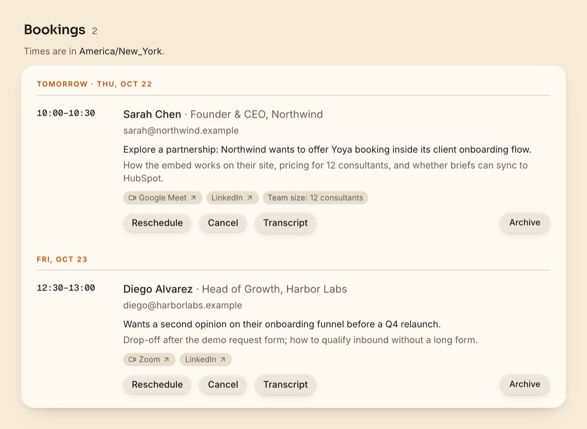 Yoya's bookings view with a brief for each meeting: Sarah Chen, Founder and CEO of Northwind, wants to explore a partnership; demo data