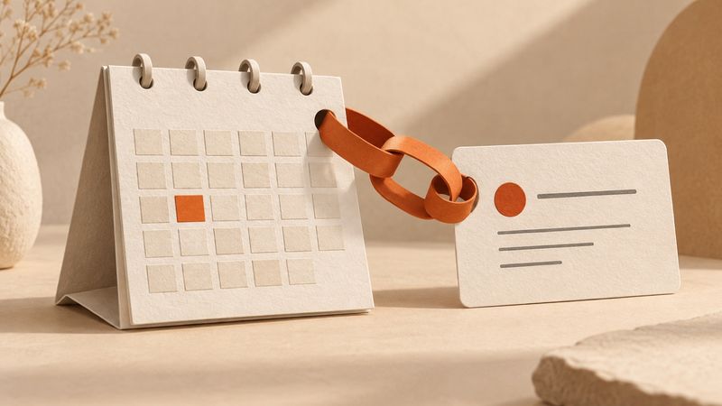 A paper calendar joined to an event card by orange links