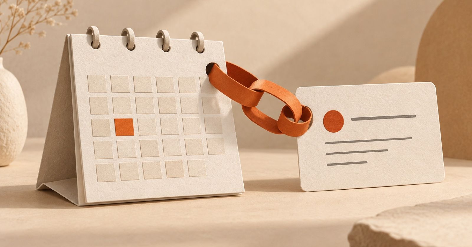 A paper calendar joined to an event card by orange links