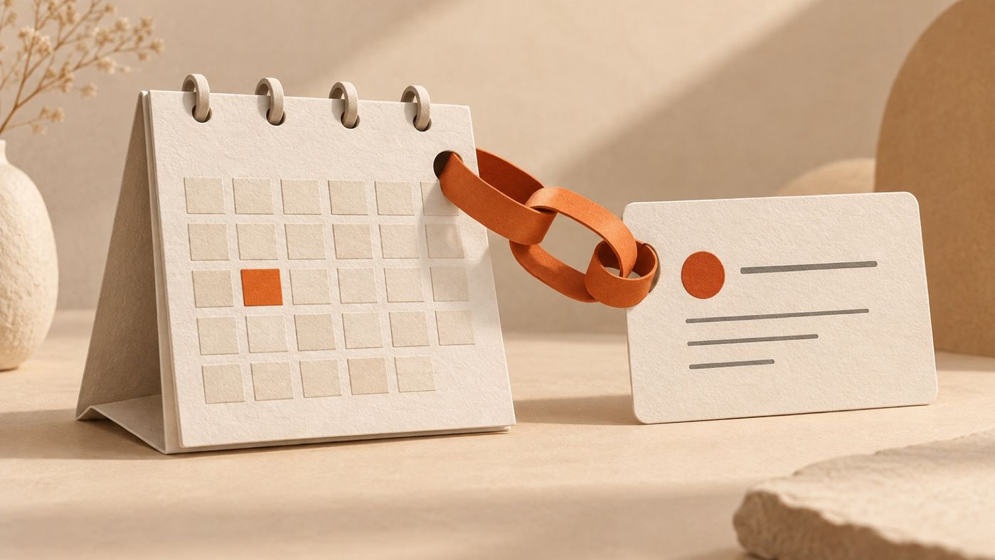 A paper calendar joined to an event card by orange links