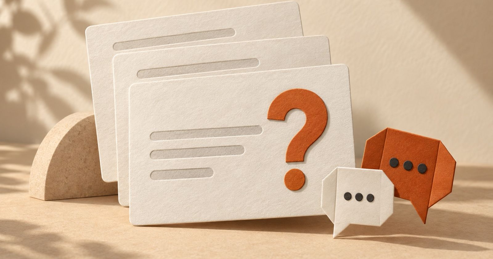 Layered paper question cards beside conversation bubbles