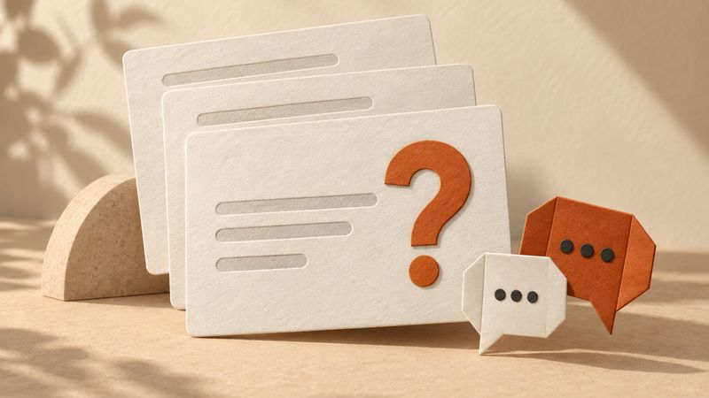 Layered paper question cards beside conversation bubbles