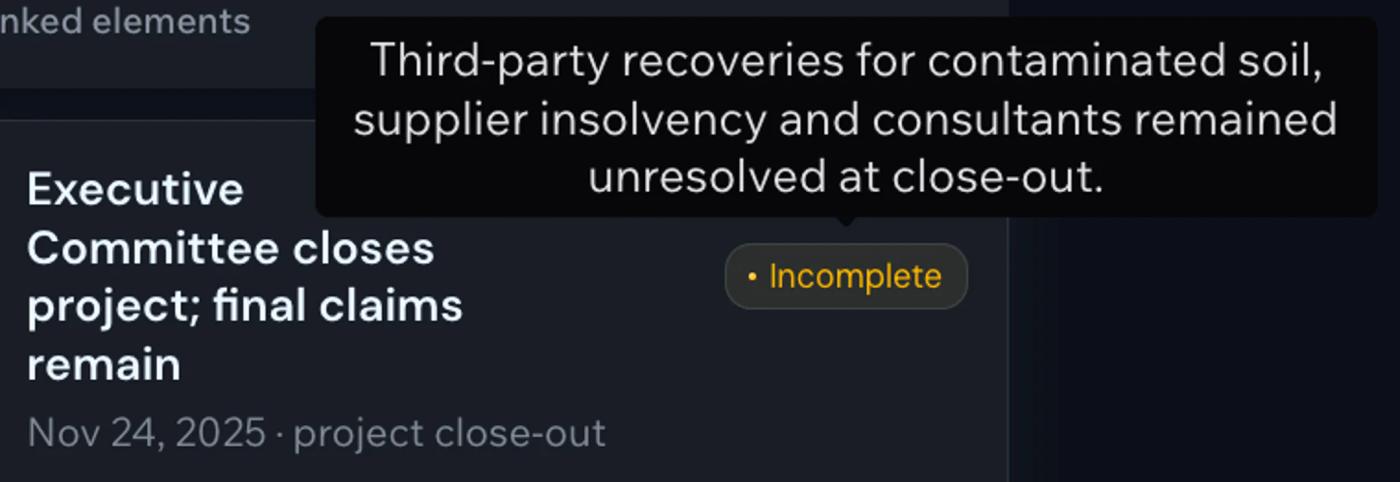 Time Machine flagging an incomplete project close-out event