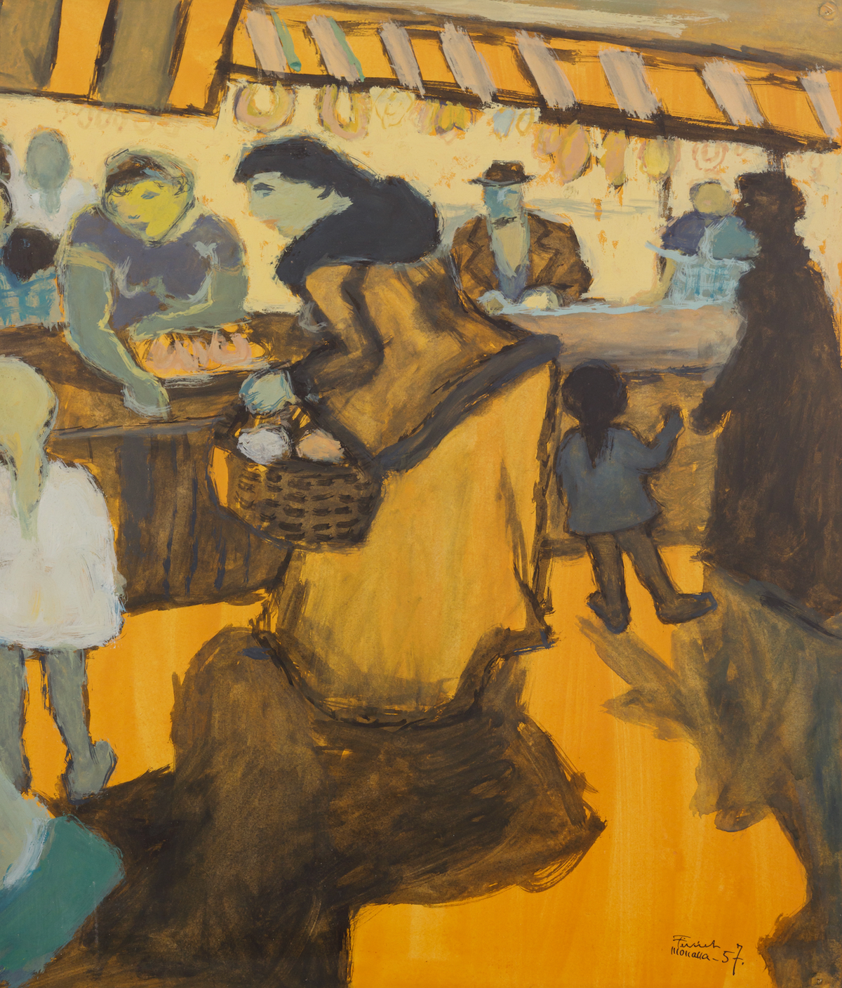 Fikret Muallâ, "Au Marche", 1957, kağıt üzerine guaj. Sergide Muallâ’nın guaj çalışmalarına da yer verildi.
"AU MARCHE": (c) FİKRET MUALLA, HANCAN SANAT KOLEKSİYONU