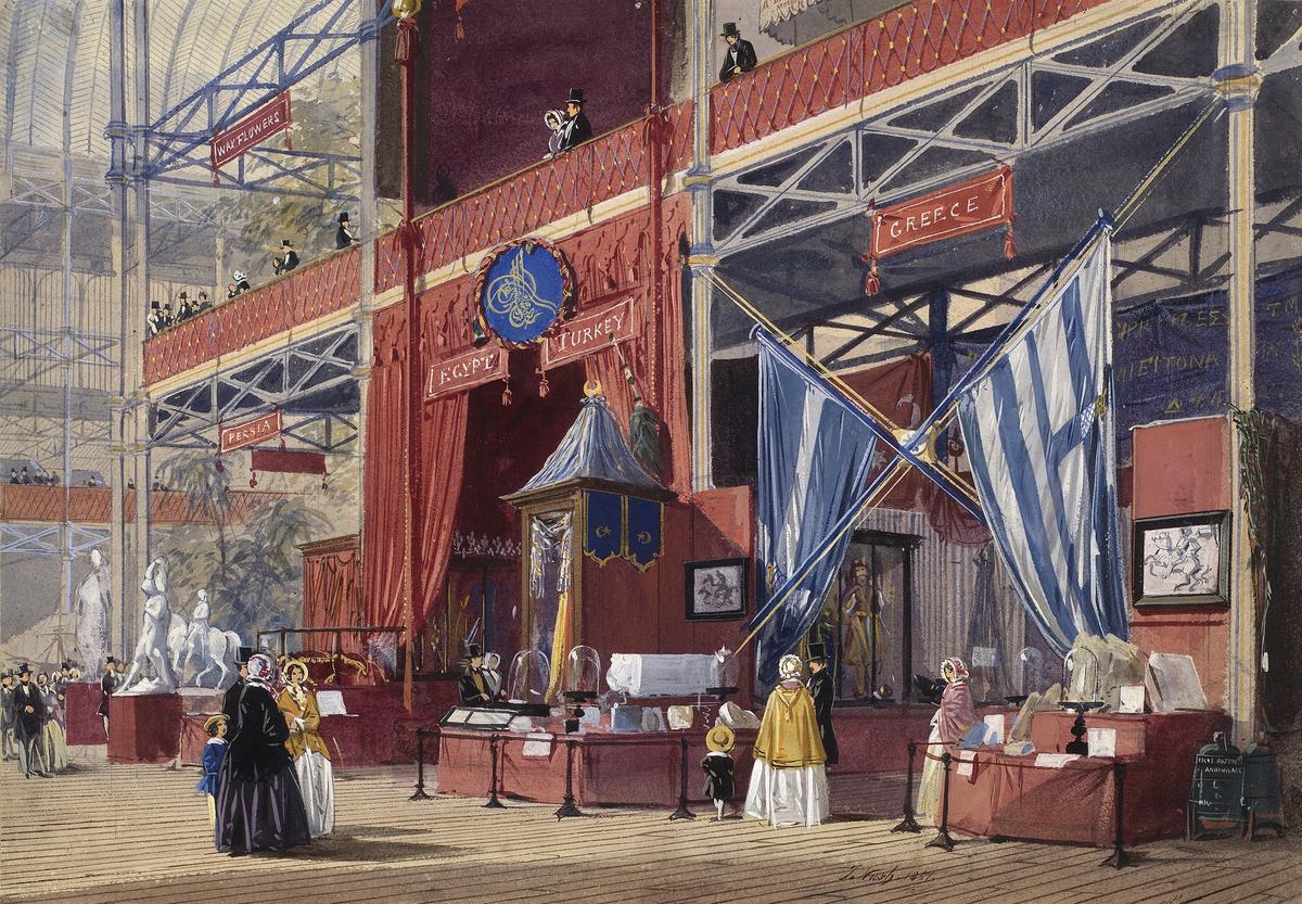 Joseph Nash imzalı suluboyada 1851 Büyük Londra Sergisi’nin Osmanlı, Mısır ve Yunanistan seksiyonları yer almakta. Sultan Abdülmecid'in tuğrasının asıldığı Osmanlı pavyonunu Âmedî Dairesi katiplerinden Mehmet Rauf da “Seyahatname-i Avrupa” adlı eserinde benzer biçimde betimlemiştir.
© ROYAL COLLECTION TRUST, HIS MAJESTY KING CHARLES III