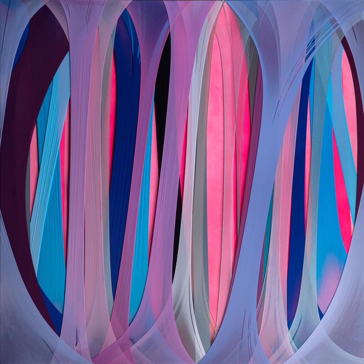 Turiya Magadlela, “Dirurubela, Angazi Thina Sicwila in the Blissful III”, 2022, tuval üzerine naylon külotlu çorap, 120x120 cm.