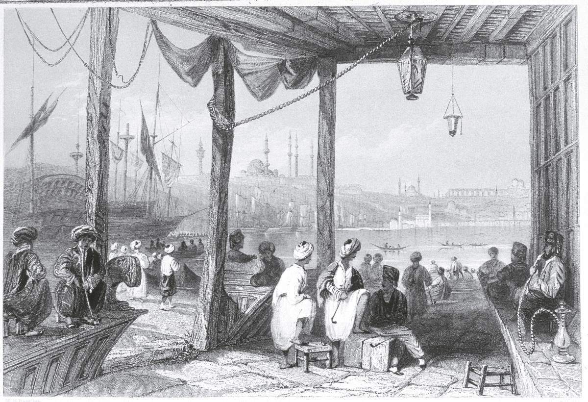 William Henry Bartlett’ın çizgileriyle İstanbul Limanı’nda bir köşk kahvehanesi. Kahvehaneler zamanla toplumun farklı tabakalarına ait birçok insanın bir arada bulunabildiği sosyal hiyerarşilerin nispeten rafa kalktığı davetkâr kamusal mekânlar olarak İstanbul’un semtlerine yayıldı.

KAHVEHANE: © KURUKAHVECİ MEHMET EFENDİ 