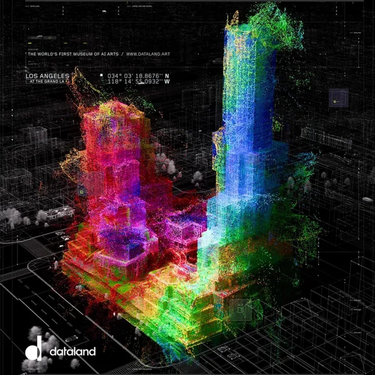 Dataland YZ müzesinin açılışı için Frank Gehry’nin The Grand LA tesisinin Refik Anadol Studio’nun kendine özgü veri stiliyle tekrardan hayal edilmiş hali. 
REFIK ANADOL STUDIO