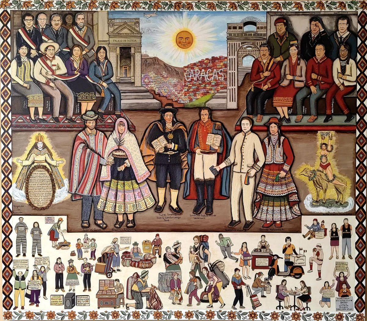 Violeta Quispe, El Matrimonio de la Chola, 2022, doğal pigment, akrilik ve altın varak.
Fotoğraf: Sanatçının ve Vigil Gonzales Galeria'nın izniyle.