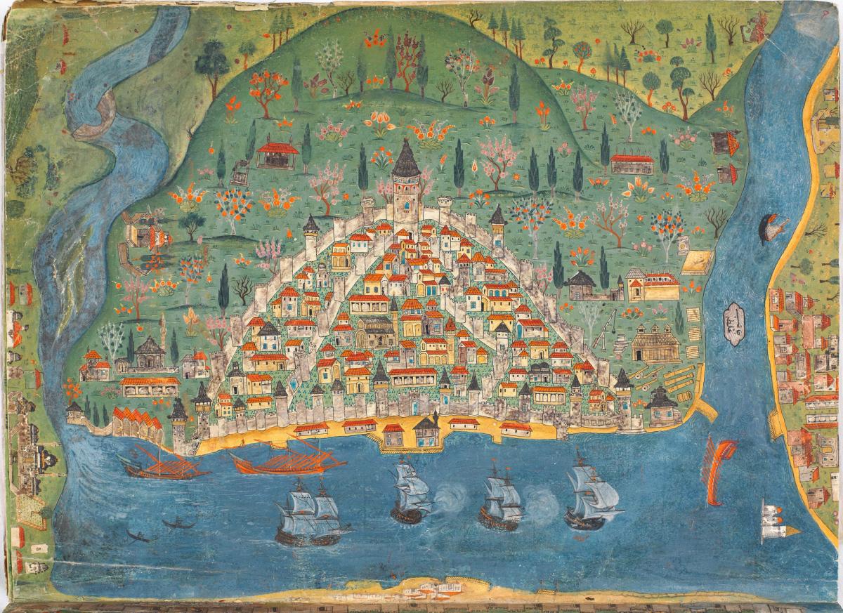 Matrakçı Nasuh'un en unutulmaz ve renkli resimlerinden biri olan "Galata" minyatürü, İstanbul'un tarihi yarımadasından bakıldığında, sanatçının Galata'yı yakından tanıdığını, doğası, renkleri, çiçekleri ve yapılarıyla tanınıyor.
MATRAKÇI NASUH, BEYAN-I MENAZİL-İ SEFER-İ IRAKEYN (H.G. YURDAYDIN), 1976