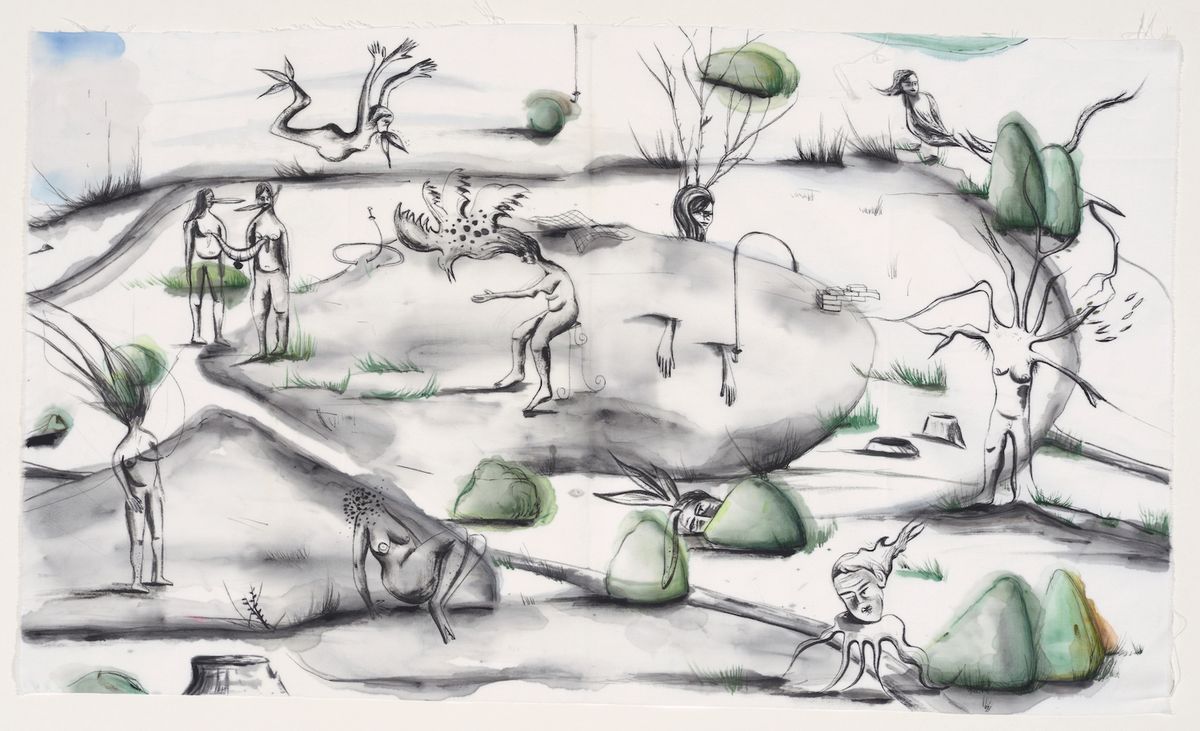 Hepsev’in yarı canavar, yarı hayvan, yarı bitki maenad’ların hepsi kendi halinde görünüyor. “İsimsiz”, 2023.
© SEDA HEPSEV, X-İST, 2023