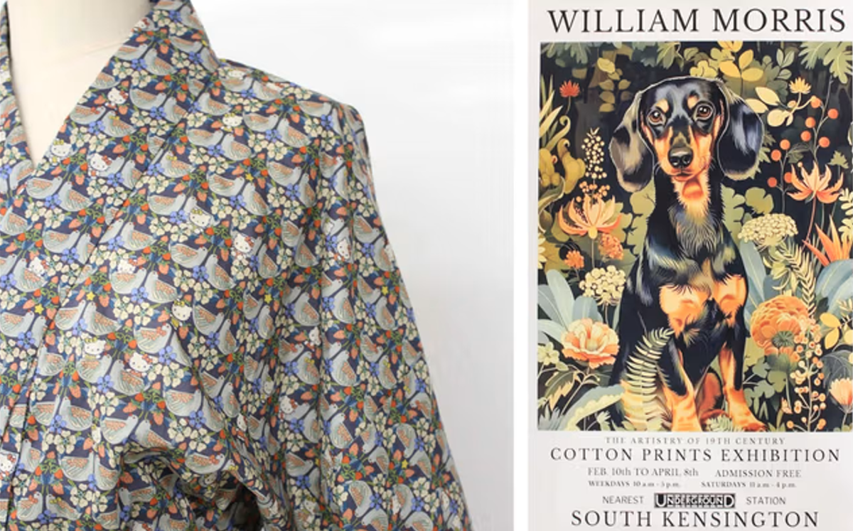 (Sol) Hello Kity figürleri içeren Morris temalı bir yukata
(Sağ) Temu çevrimiçi pazaryerinden yapay zeka tarafından oluşturulmuş bir poster