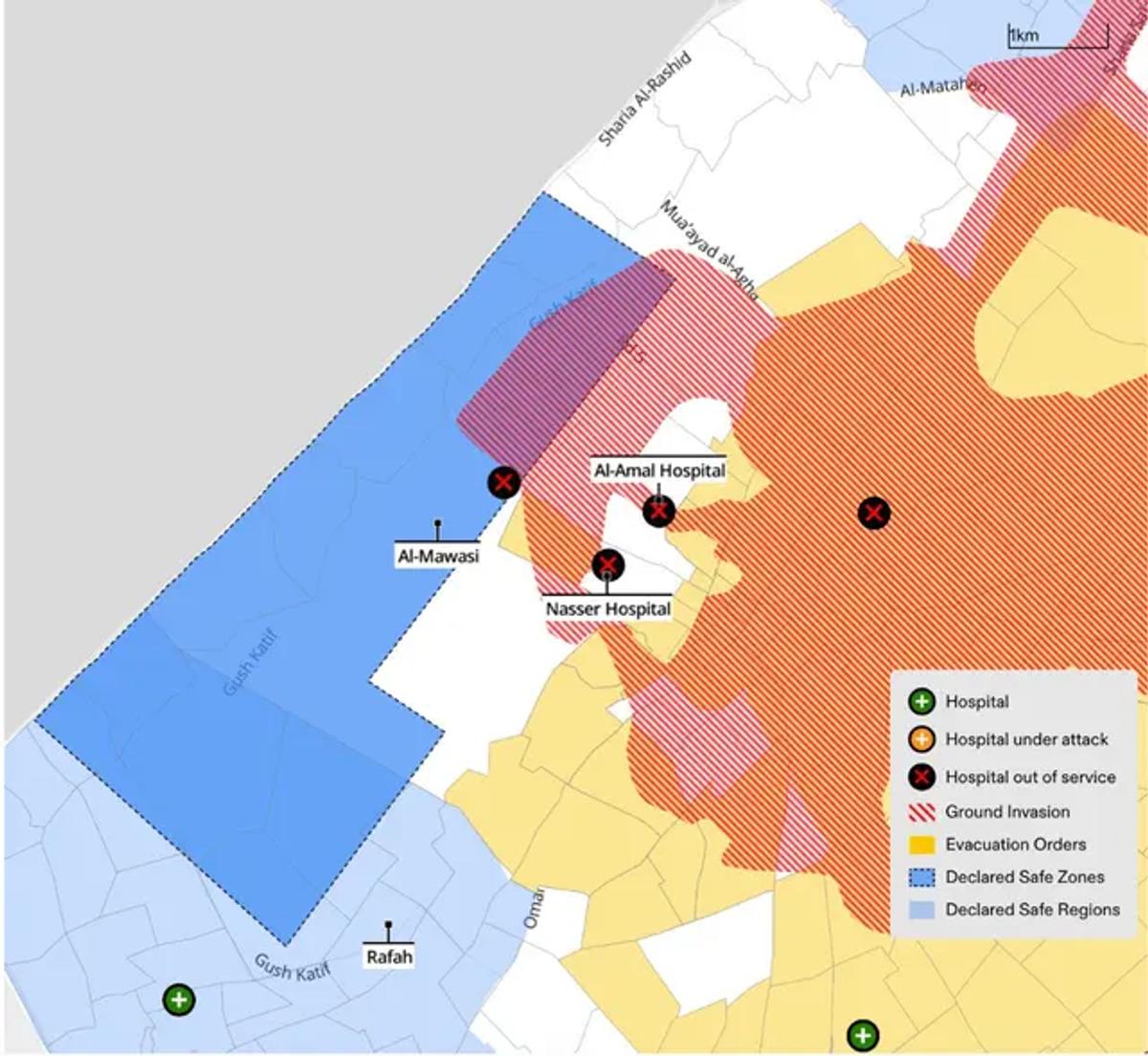 Forensic Architecture tarafından oluşturulan ve İsrail ordusunun 22 Ocak'a kadar verdiği tahliye emirlerini gösteren Gazze haritası (sarı).