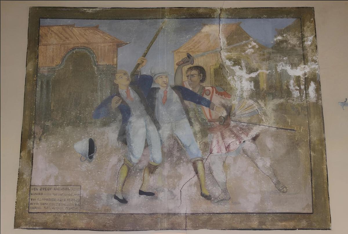 Nevşehir, Mustafapaşa’da (Sinasos) bulunan Sultanidis Konağı’ndaki, bölgenin önemli sanatçılarından Kostis Meletiadis imzalı duvar resmi, Ōtsu Vakası olarak bilinen olayın detaylarını hem görselleştiriyor hem de yazıyla belgeliyor.
SULTANİDİS KONAĞI: © HALİL ÜNSER ARŞİVİ