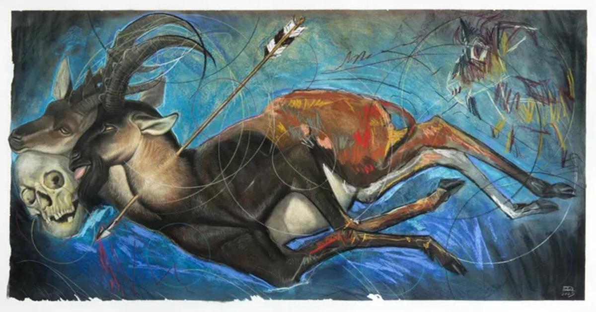 Burak Dak, "Çift Başlı Ibex", kağıt üzerine sulu boya, toz pastel, kuru boya, kurşun kalem, çerçevesiz ölçü 80 x 150 cm, 2025