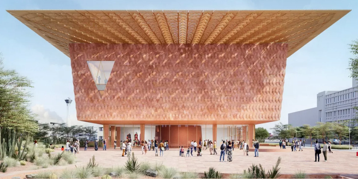 Gelecekteki Las Vegas Sanat Müzesi’nin meydanına ait bir render

© Kéré Architecture, Las Vegas Museum of Art izniyle 