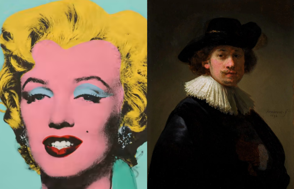 Sage Blue Marilyn, Andy Warhol (Sol) 
Christie's izniyle 
Rembrandt Van Rijn, Self-portrait, wearing a ruff and black hat. ( 1632). (Sağ)   Sotheby's izniyle