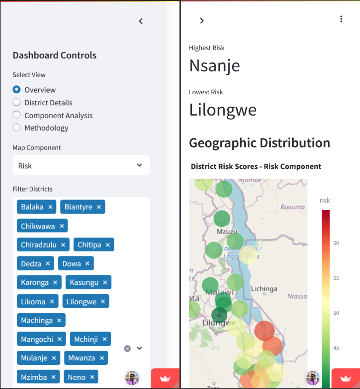 Streamlit dashboard on mobile showing the sidebar filter panel occupying most of the screen with the map barely visible on the side.