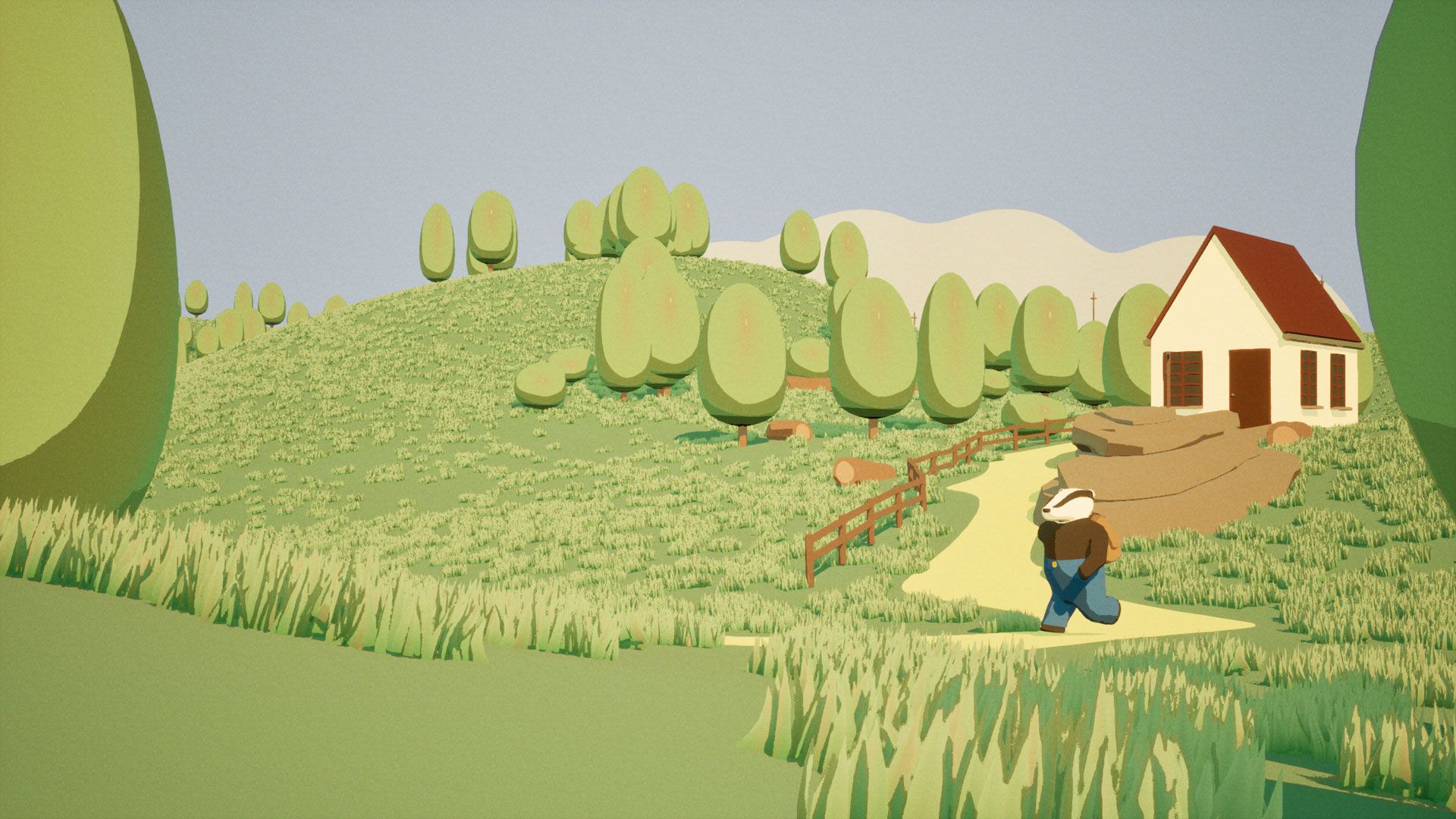 Screenshot uit de game met de jonge das op weg naar de top