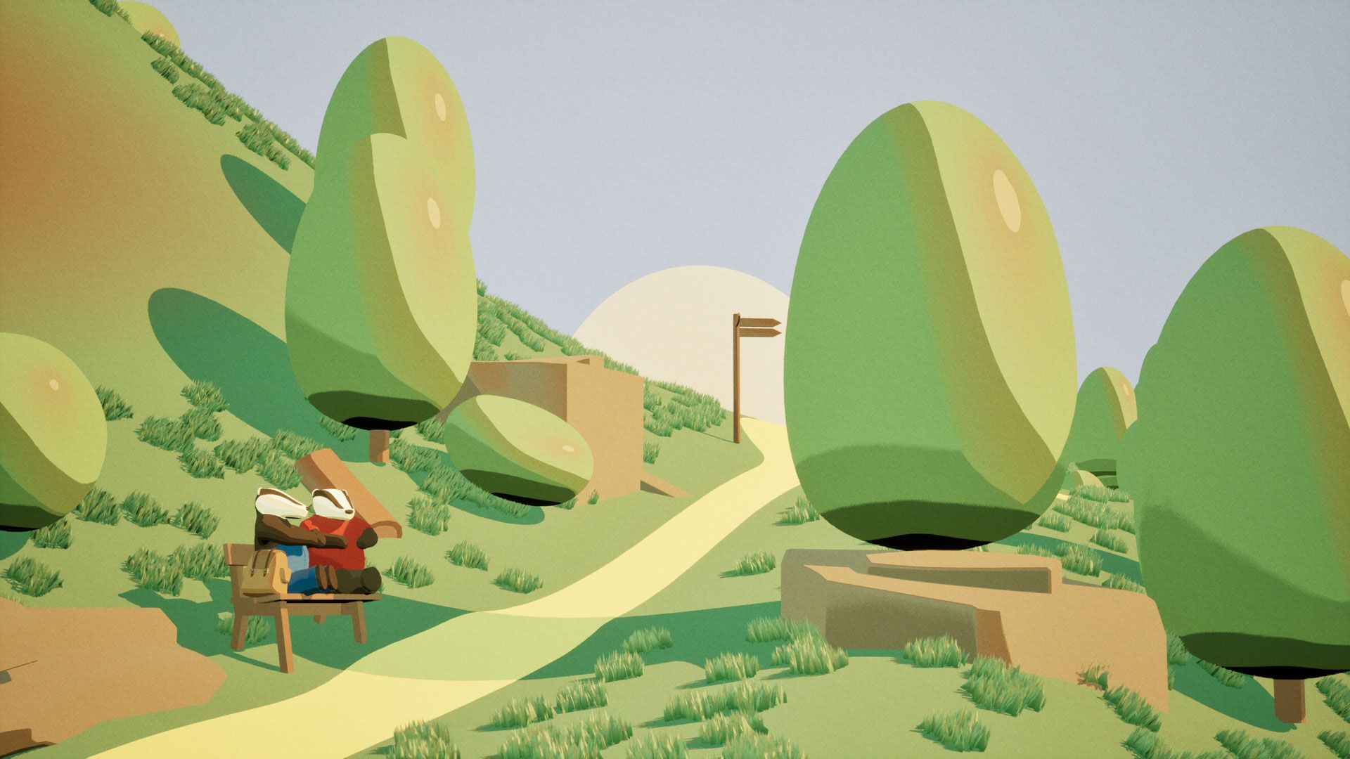 Screenshot uit de game van de jonge das en een voorbijganger aan het praten op een bankje