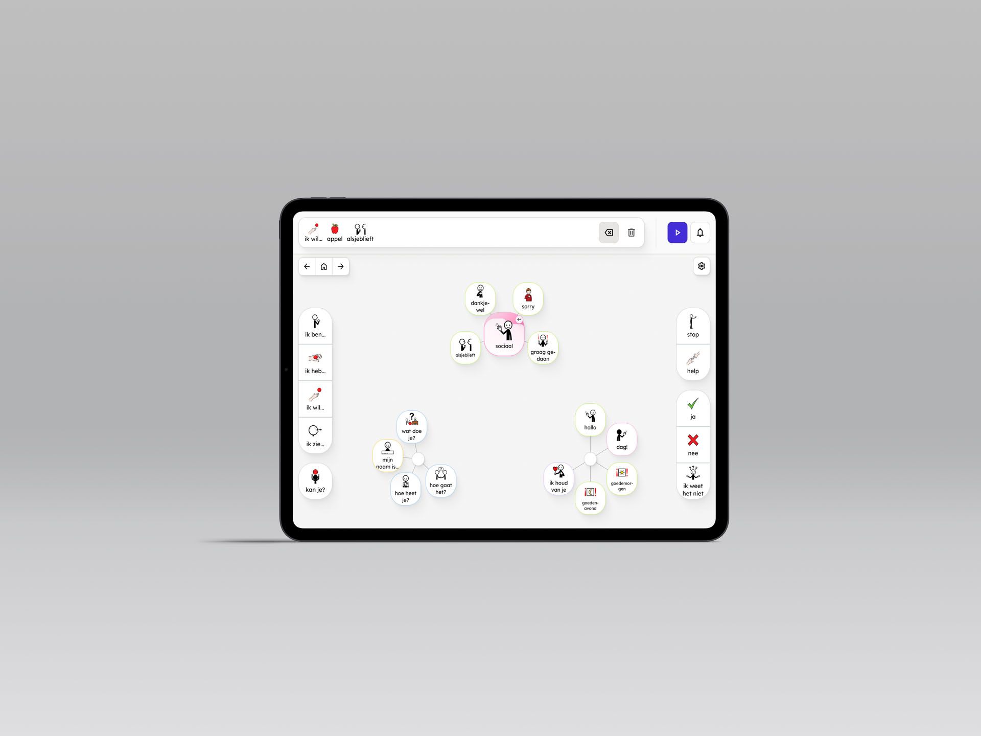 Mockup van de grafische interface met de pagina 'sociaal' geselecteerd