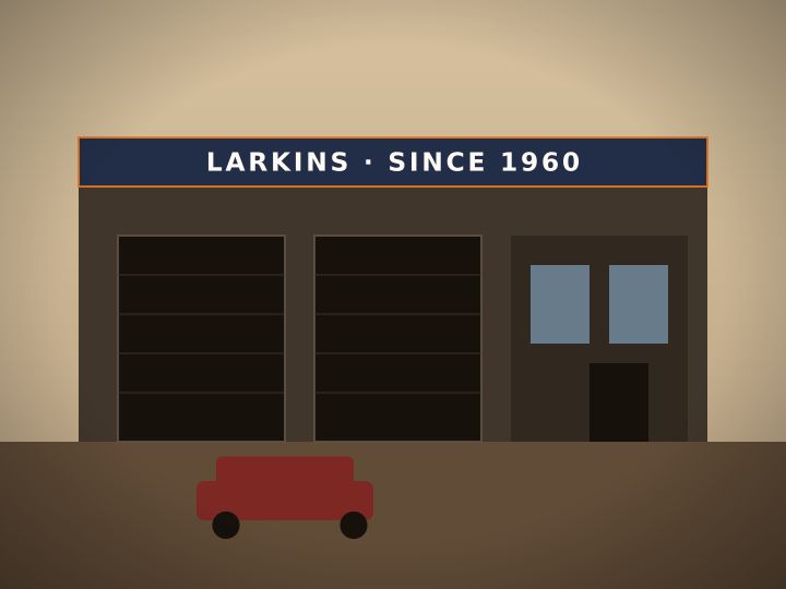 Vintage-style illustration of Larkins Service Center storefront