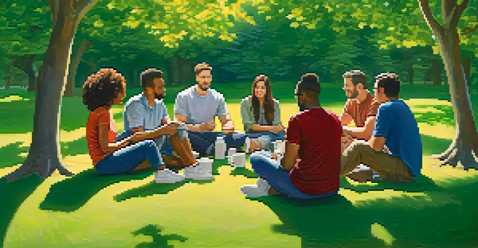 A diverse group of people sitting in a park, having a supportive discussion with coffee cups in hand.