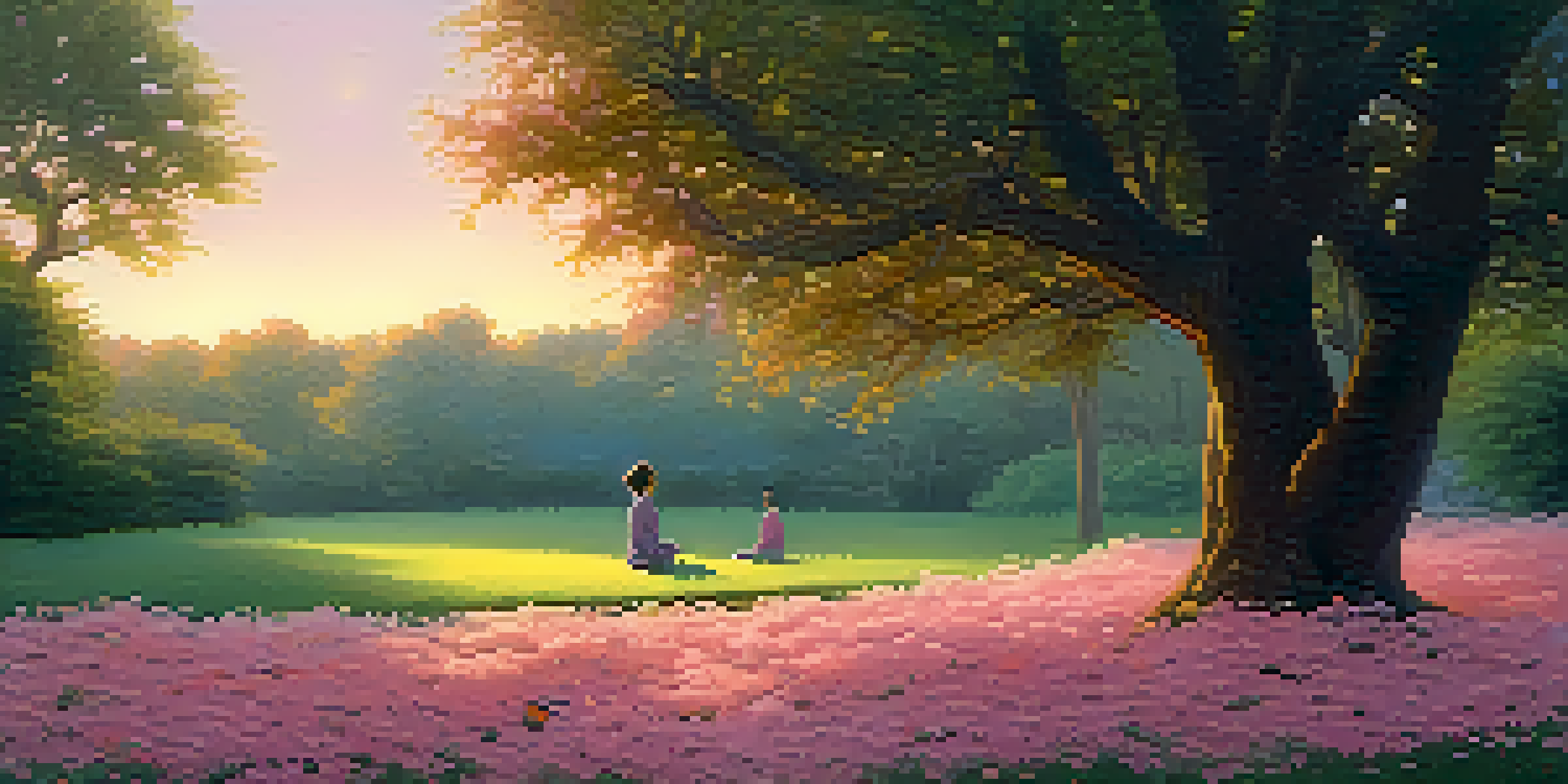 A person meditating in a beautiful garden at dusk, surrounded by flowers and trees under a colorful sky.