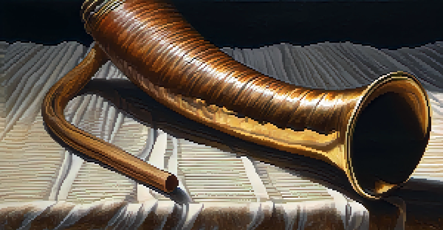A close-up of a shofar placed on textured cloth, with candlelight reflecting off its surface, set against a blurred background of a festive gathering.