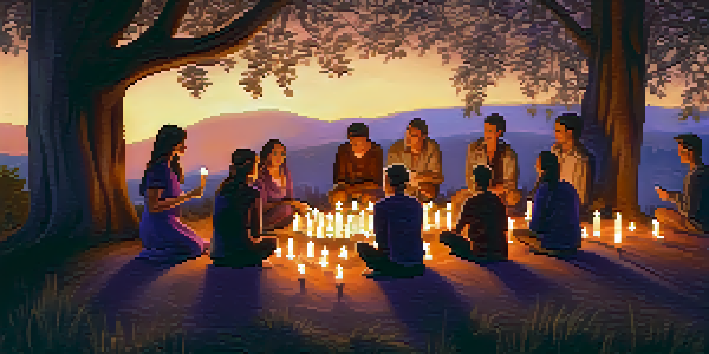 A group of people holding candles in a circle during a vigil at twilight, surrounded by trees and a colorful sunset.