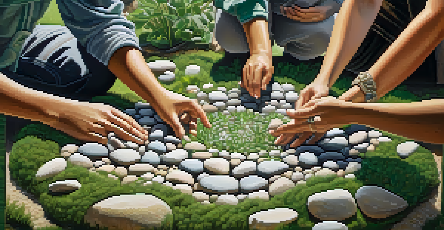 A close-up view of diverse individuals' hands placing painted stones into a peace garden, surrounded by green plants and illuminated by soft sunlight.